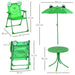 4-piece kids dining set with frog design, foldable green chairs, adjustable parasol, round table, and size measurements