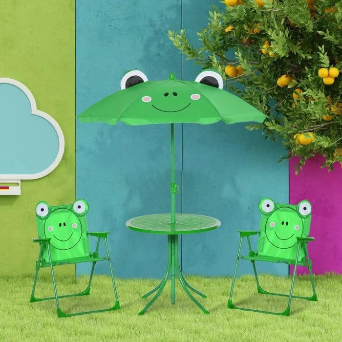 Kids frog design green dining set with two foldable chairs, table, and adjustable parasol outdoors.