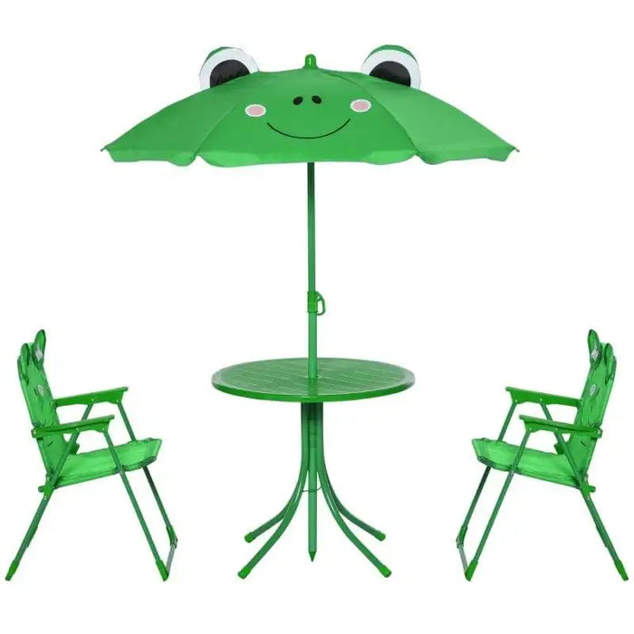 Green frog design kids dining set with table, two foldable chairs, and adjustable parasol