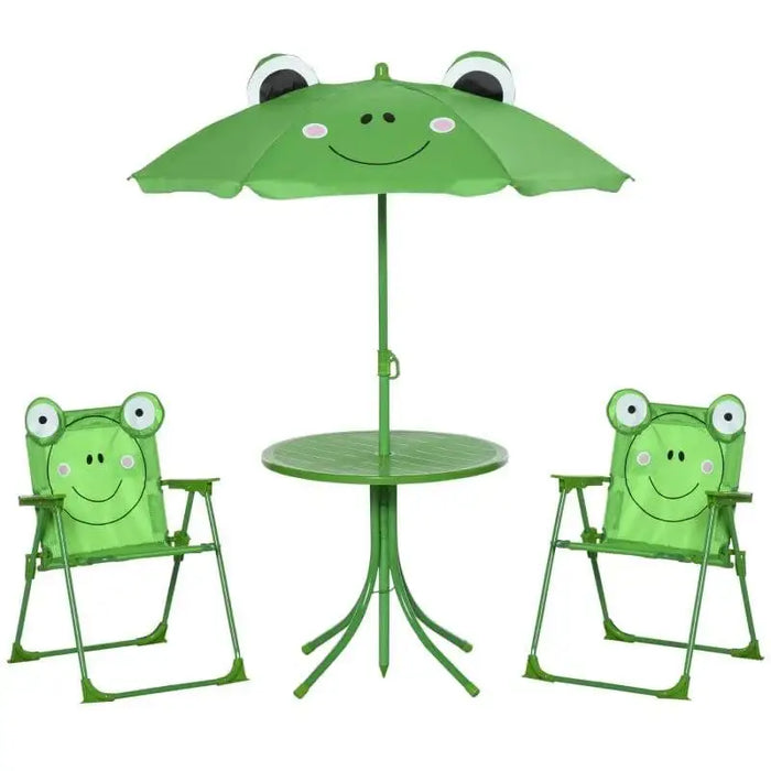 Kids frog design dining set with two green chairs, round table, and adjustable frog parasol