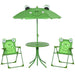 Kids frog design dining set with two green chairs, round table, and adjustable frog parasol