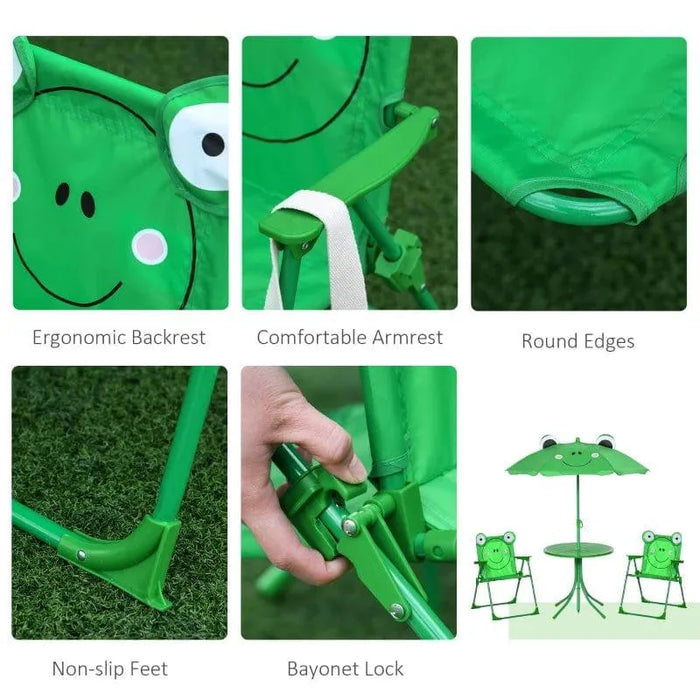 Kids green frog design dining set with foldable chairs, table and parasol, outdoor use