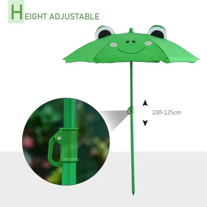 Height adjustable kids parasol with green frog design and measurement indicator