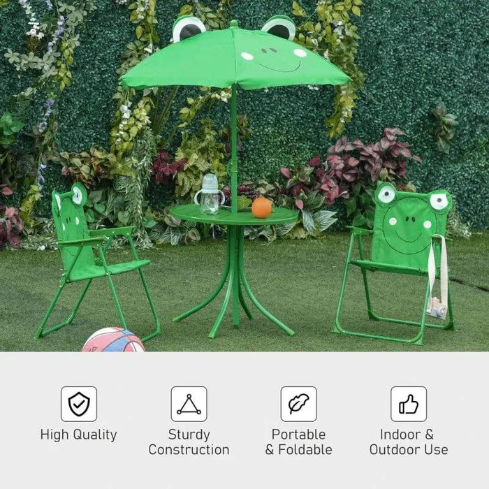 Kids frog design green dining set with foldable chairs and adjustable parasol outdoors