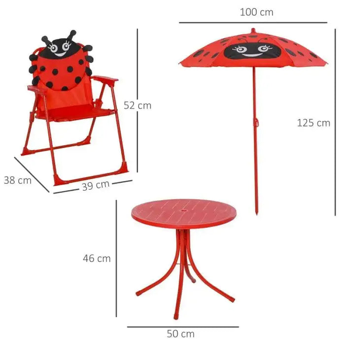 4-piece kids dining set with red and black ladybird design, adjustable parasol, chair, and table