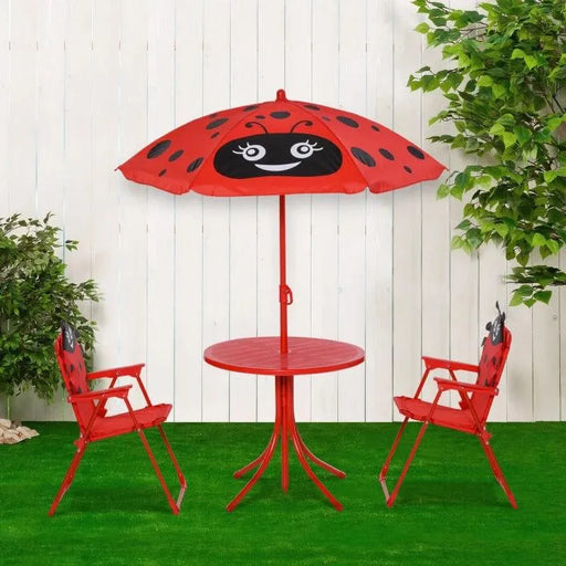 Kids red and black ladybird dining set with two chairs, round table, and adjustable parasol