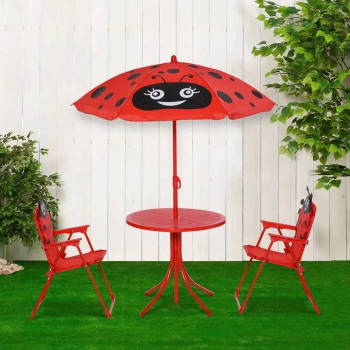 Kids red and black ladybird dining set with two chairs, round table, and adjustable parasol
