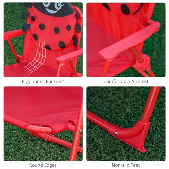 Red kids' chair with ladybird design, ergonomic backrest, armrest, rounded edges, non-slip feet
