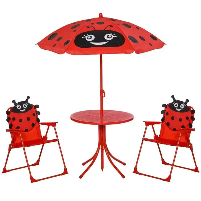 Red kids dining set with ladybird design, two chairs, round table, and adjustable parasol