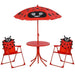 Red kids dining set with ladybird design, two chairs, round table, and adjustable parasol