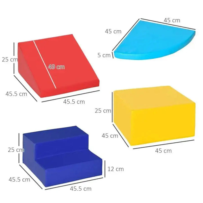 4-piece kids soft play set with colorful foam blocks and visible measurements