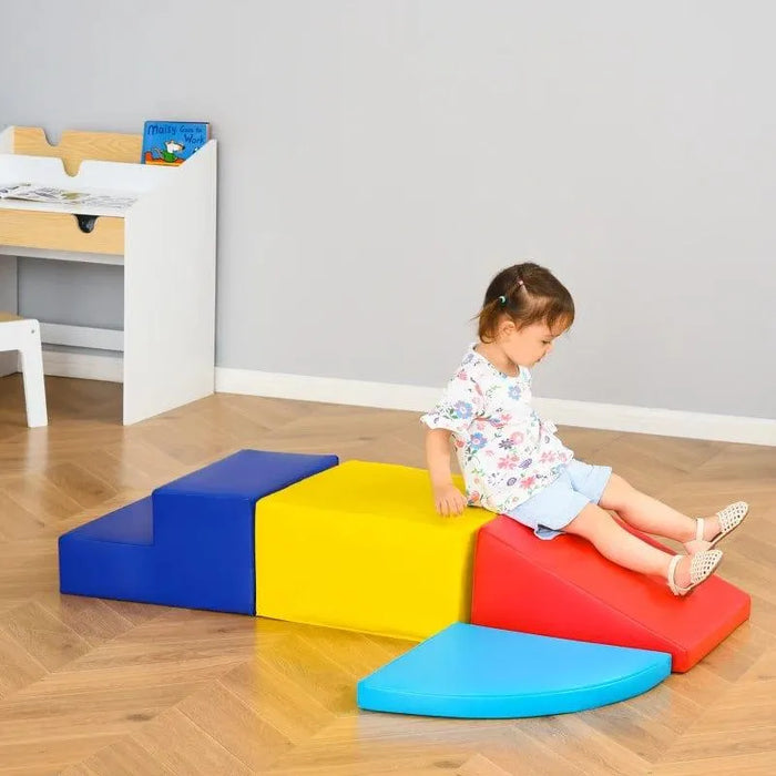 Toddler on colorful 4-piece kids soft play set in modern playroom with wood floor