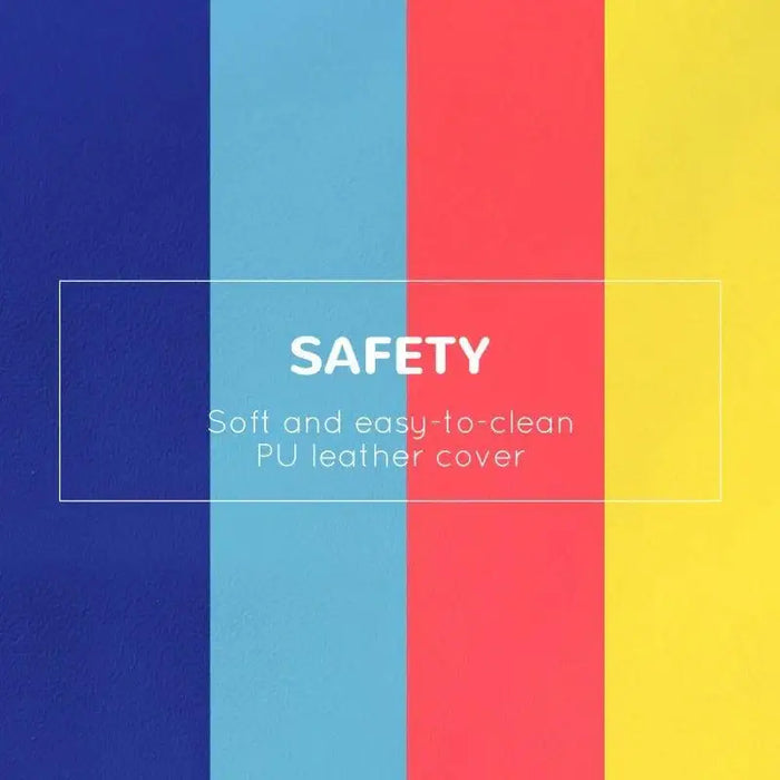 Colorful PU leather cover for kids soft play set, text highlights safety and easy cleaning