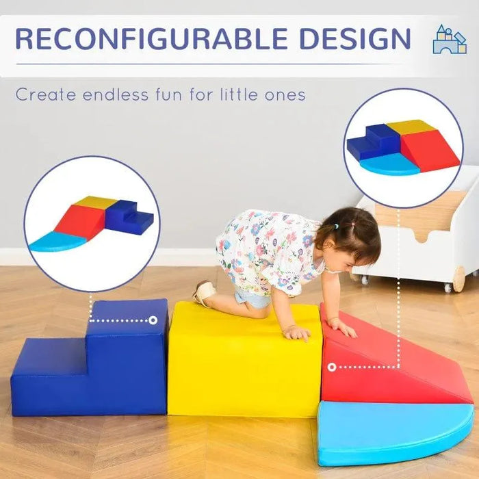 Toddler climbing on colorful 4-piece kids soft play set with reconfigurable foam blocks