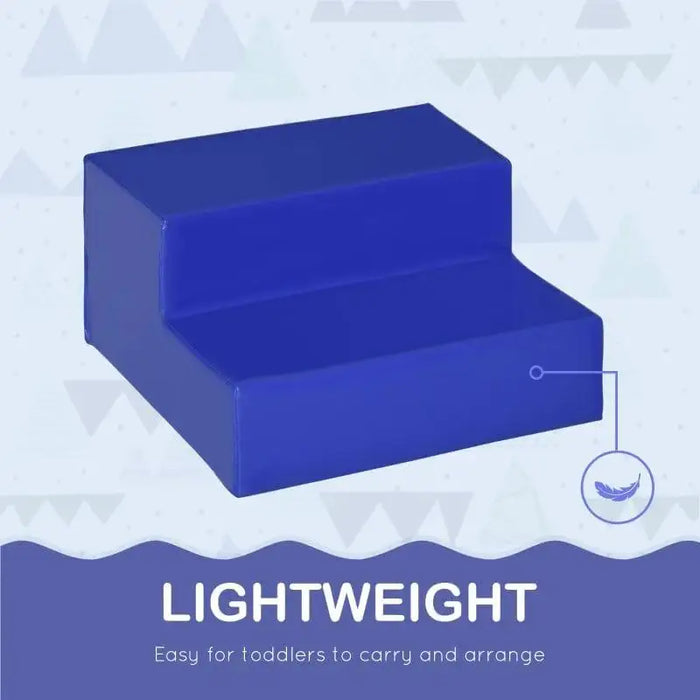 Blue soft play step block for kids, lightweight and easy to carry, on patterned background