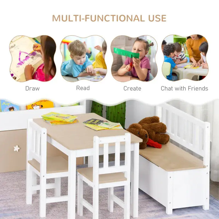 Kids natural and white 4-piece table and chair set with storage bench and books
