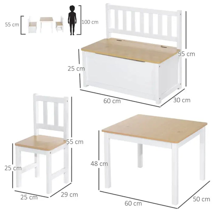 4-piece kids table and chair set with white and natural wood, storage bench, size dimensions shown