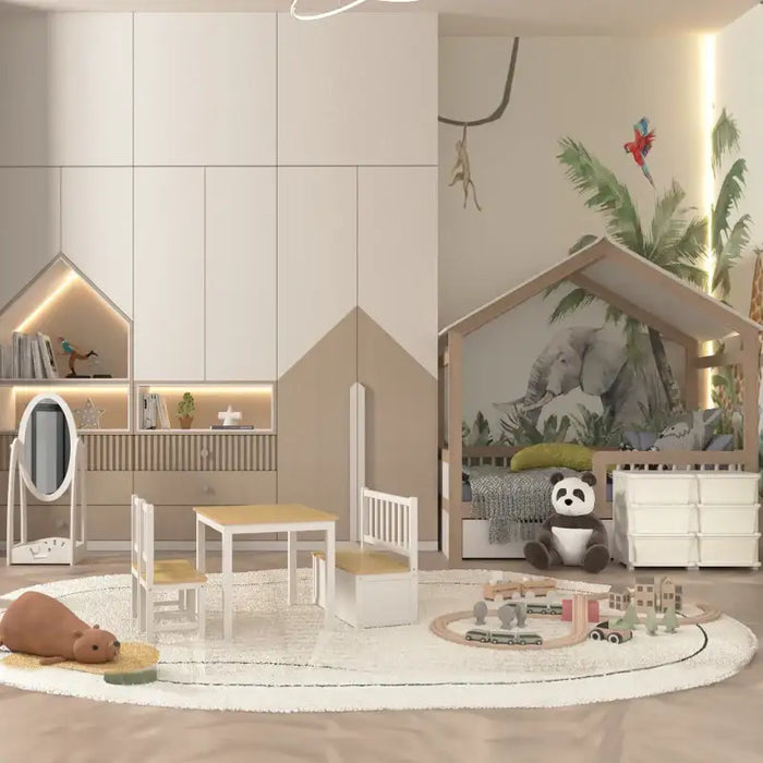 Kids table and chair set in modern playroom with animal decor, toys, and storage bench