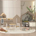 Kids table and chair set in modern playroom with animal decor, toys, and storage bench
