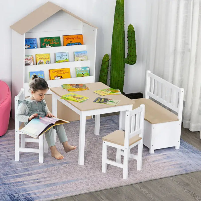 4-piece kids table and chair set in natural and white with storage bench, child reading in playroom