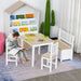 4-piece kids table and chair set in natural and white with storage bench, child reading in playroom