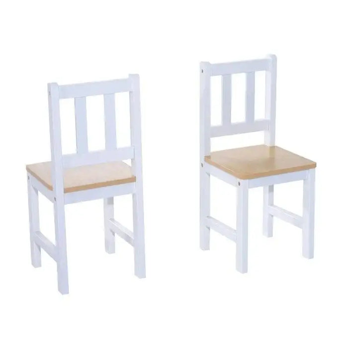 Set of two kids' chairs with white frames and natural wood seats
