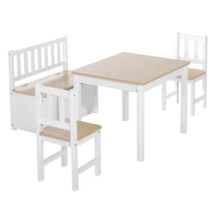 Kids table and chair set with storage bench, natural wood and white finish, four-piece furniture