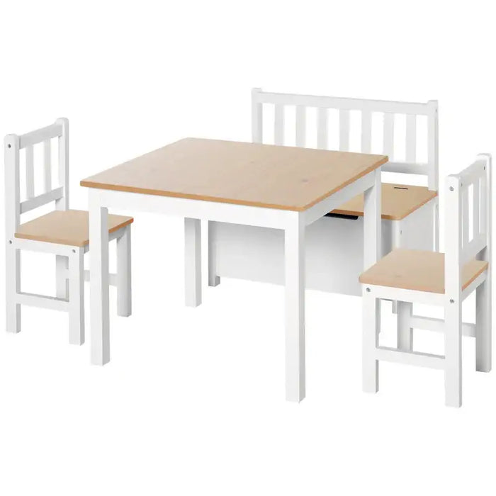 4-piece kids table and chair set in natural and white with storage bench