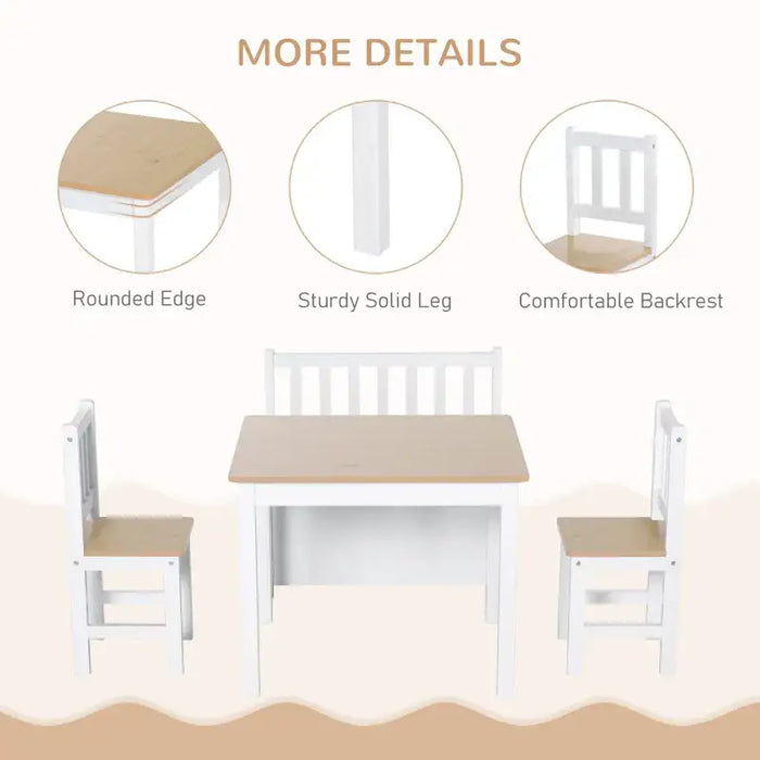 4-piece kids table and chair set in natural wood and white with storage bench, rounded edges, sturdy solid legs, and comfortable backrest details.