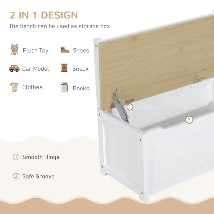 Kids storage bench with open lid, showing smooth hinge and safe groove features, natural wood and white design.