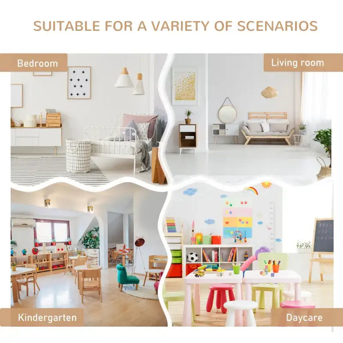 Kids table and chair set shown in bedroom, living room, kindergarten, and daycare settings