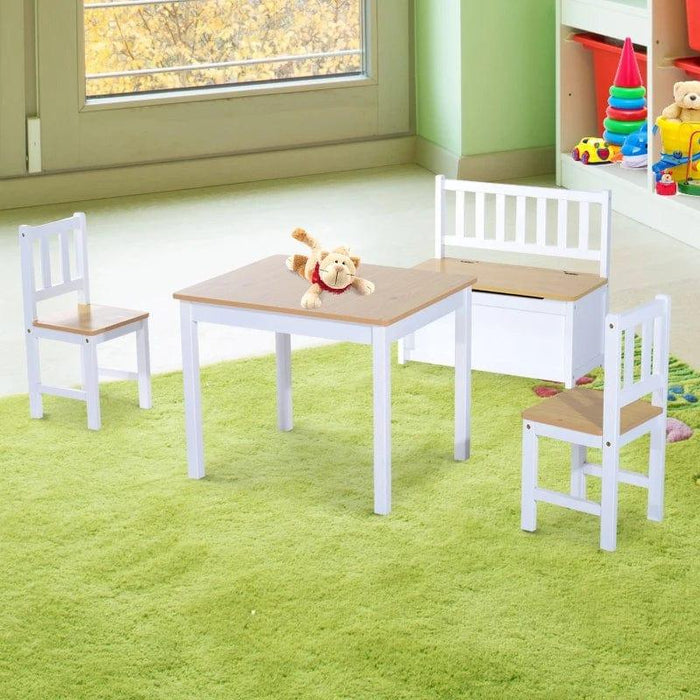 4-Piece Kids Table and Chair Set with 2 Wooden Chairs and 1 Storage Bench - Little and Giant Explorers HOMCOM