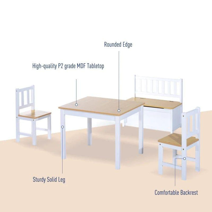 4-Piece Kids Table and Chair Set with 2 Wooden Chairs and 1 Storage Bench - Little and Giant Explorers HOMCOM