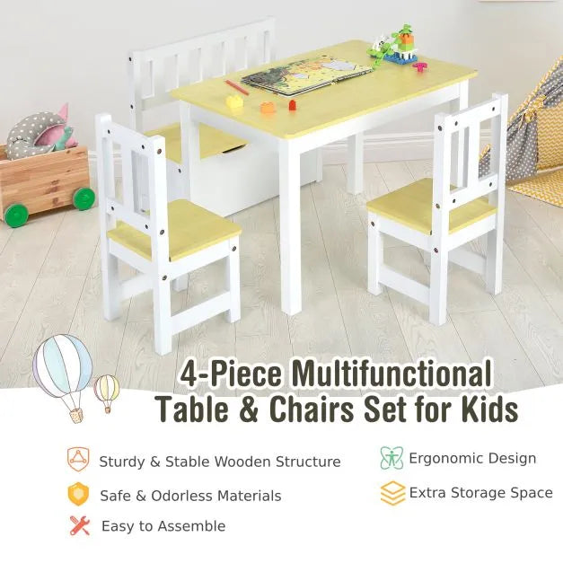 4-Piece Kids Table and Chairs Set - Natural and White | Storage Bench COSTWAY - Little and Giant Explorers Costway