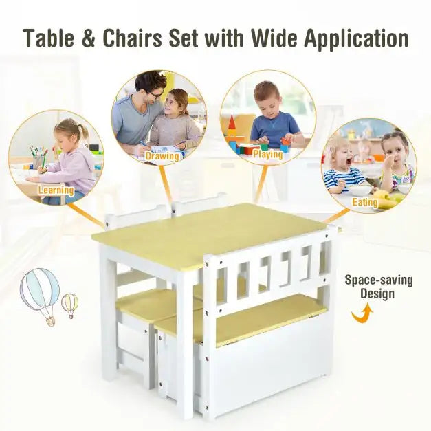 4-Piece Kids Table and Chairs Set - Natural and White | Storage Bench COSTWAY - Little and Giant Explorers Costway