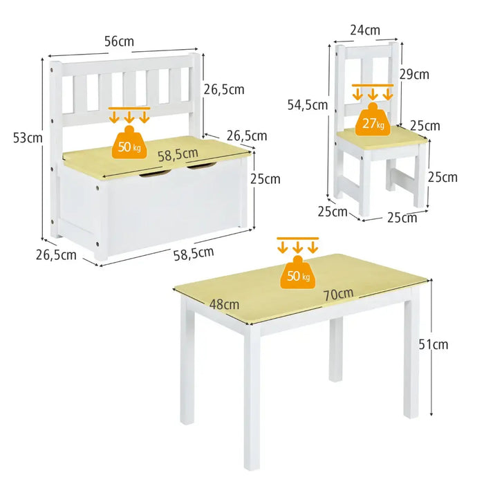 4-Piece Kids Table and Chairs Set - Natural and White | Storage Bench COSTWAY - Little and Giant Explorers Costway