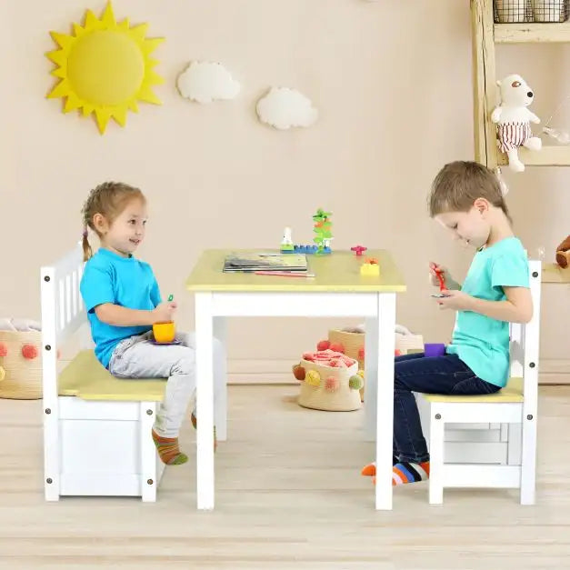 4-Piece Kids Table and Chairs Set - Natural and White | Storage Bench COSTWAY - Little and Giant Explorers Costway