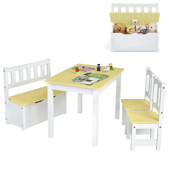 4-Piece Kids Table and Chairs Set - Natural and White | Storage Bench COSTWAY - Little and Giant Explorers Costway