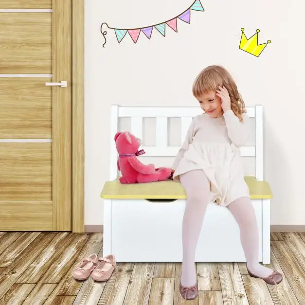 4-Piece Kids Table and Chairs Set - Natural and White | Storage Bench COSTWAY - Little and Giant Explorers Costway