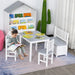 Grey and white kids table and chair set with storage bench, girl reading, bookshelf, cactus decor