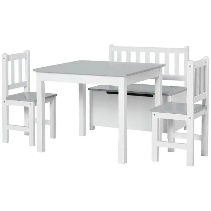 Grey and white 4-piece kids table and chair set with storage bench and U-shaped handle