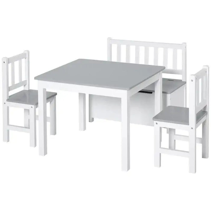 4-piece kids table and chair set in grey and white with storage bench and two chairs