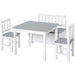 4-piece kids table and chair set in grey and white with storage bench and two chairs