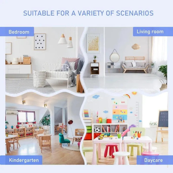 Collage of kids' table and chair sets in bedroom, living room, kindergarten, and daycare settings