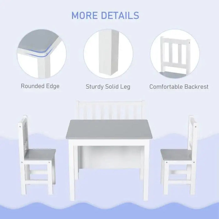 Grey and white kids table and chair set with rounded edges, sturdy legs, and slat back chairs