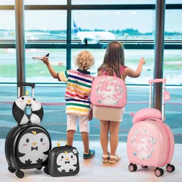 4-Piece Kids Travel Luggage Set – Penguin Design | 14" Carry-On Suitcase, Backpack, Neck Pillow and Luggage Tag COSTWAY - Little and Giant Explorers Costway
