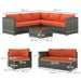 4-piece modular rattan garden sofa set with orange cushions and glass table, dimensions shown