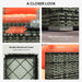 4 close-up shots of Orange cushioned rattan garden sofa set highlighting tempered glass top, adjustable feet, aluminum frame, and armrest