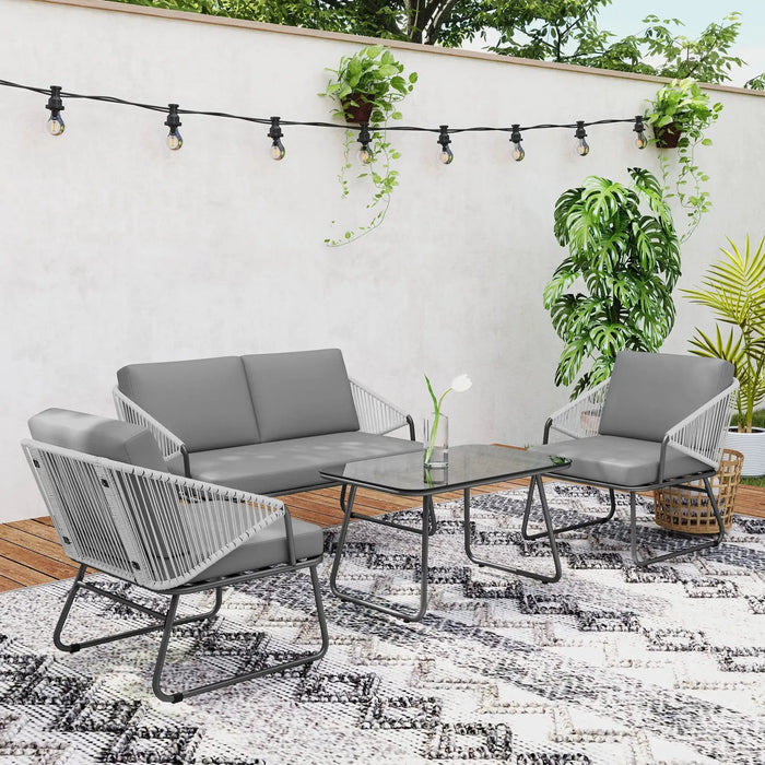 4-Piece Rattan Garden Furniture Set with Glass Top Coffee Table and Cushions - Little and Giant Explorers Outsunny