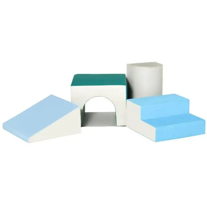 4-piece soft play set with stairs, tunnel, ramp, and cuboid in pastel blue and white